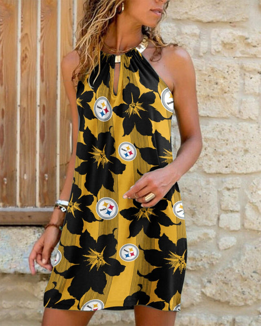 Pittsburgh Steelers Summer Casual Metal Halter Neck Sleeveless Dress 28