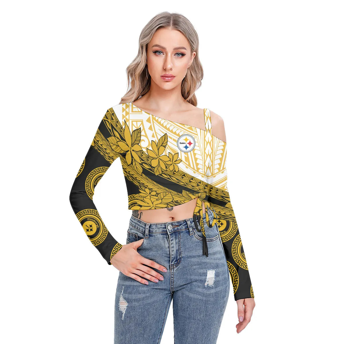 Pittsburgh Steelers Women’s One-shoulder Blouse With Drawstring BG02