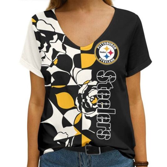 Pittsburgh Steelers Rose Pattern V-neck Women T-shirt AGCWTS373