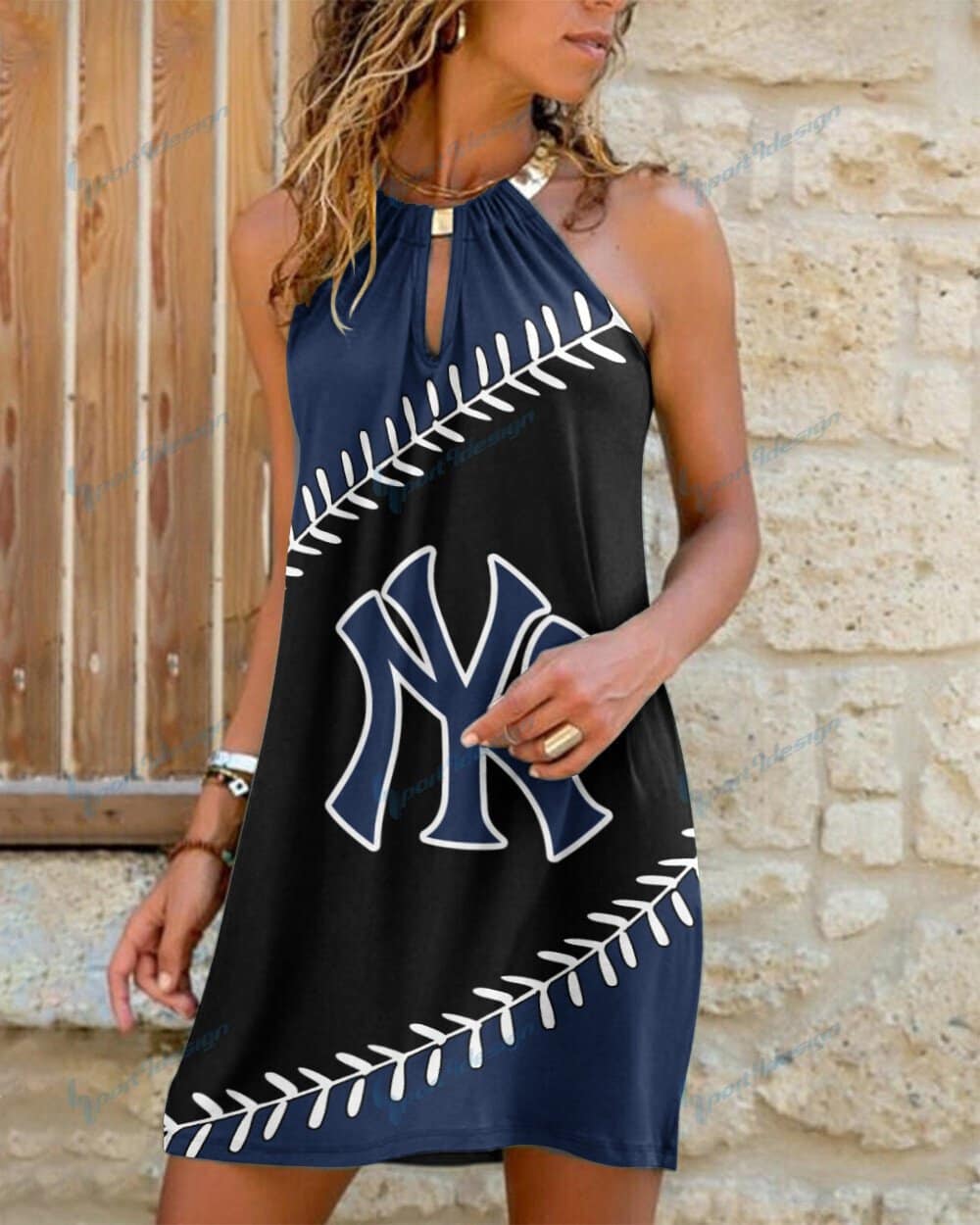 New York Yankees Summer Casual Metal Halter Neck Sleeveless Dress 36