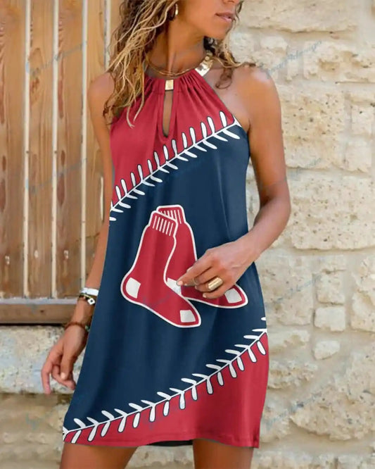 Boston Red Sox Summer Casual Metal Halter Neck Sleeveless Dress 39