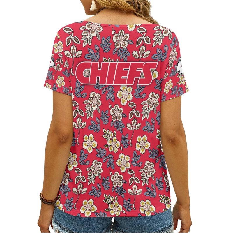 Kansas City Chiefs Flower Pattern Women V Neck T-shirt
