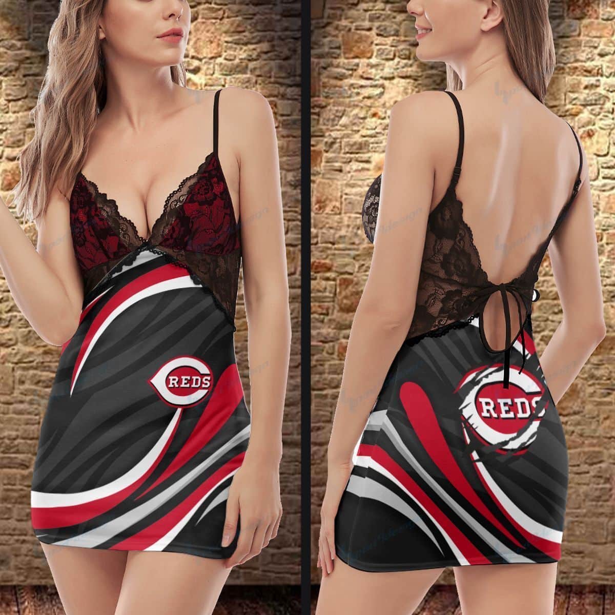 Cincinnati Reds Lace Back Strap Slip Dress 246-1