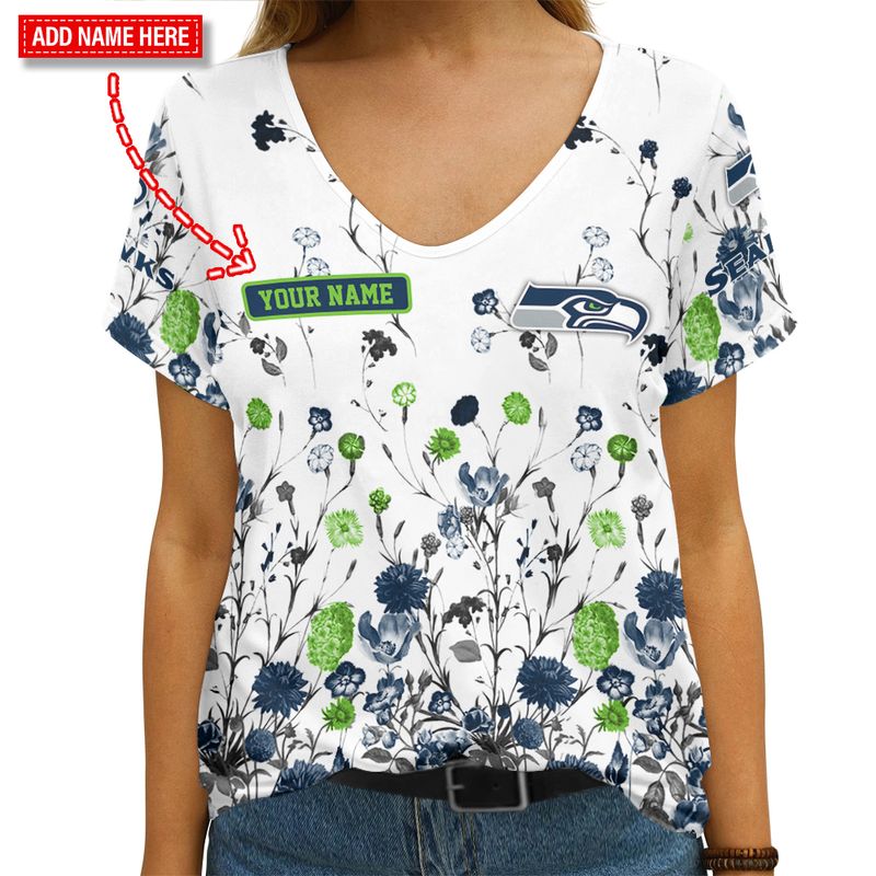 Seattle Seahawks Personalized V-neck Women T-shirt