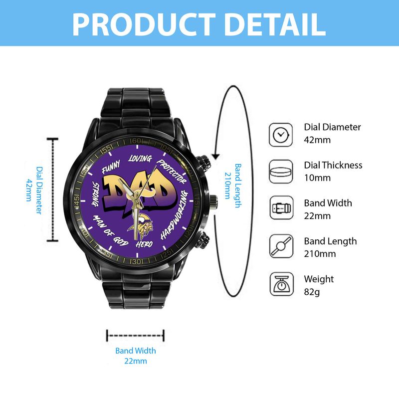 Minnesota Vikings Limited Edition Black Stainless Steel Watch For Father’s Day AZBTWA000007