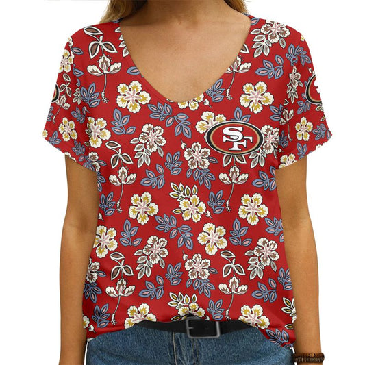 Kansas City Chiefs Flower Pattern Women V Neck T-shirt