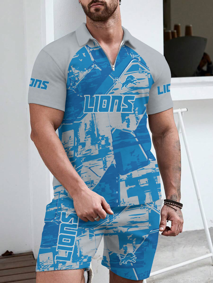 Detroit Lions Limited Edition ZIP Polo Shirt And Shorts Two-Piece Suits HA04