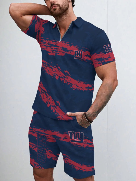 New York Giants Limited Edition ZIP Polo Shirt And Shorts Two-Piece Suits HA05