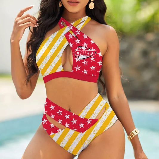 Kansas City Chiefs Women’s 2PCS Bikini Swimsuit Criss Cross Cutout Bathing Suit S03-3