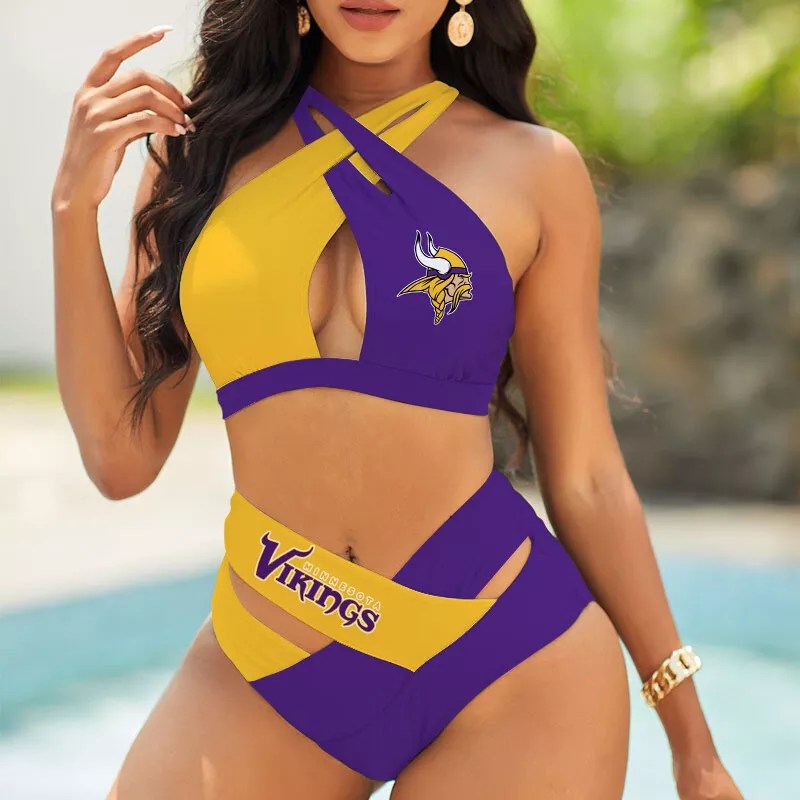Minnesota Vikings Women’s 2PCS Bikini Swimsuit Criss Cross Cutout Bathing Suit S17-1