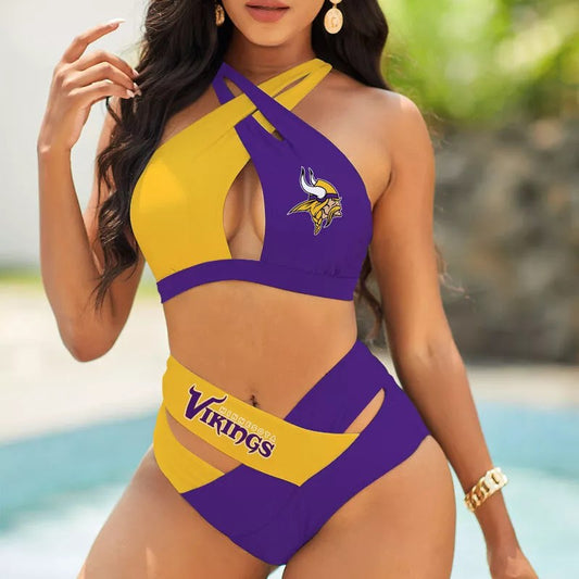 Minnesota Vikings Women’s 2PCS Bikini Swimsuit Criss Cross Cutout Bathing Suit S17-1