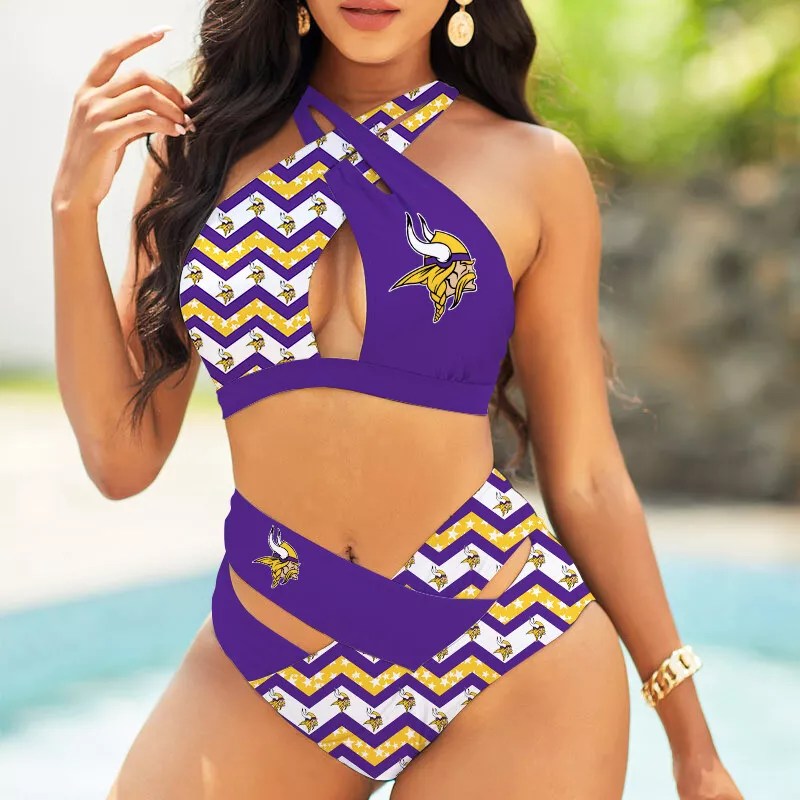Minnesota Vikings Women’s 2PCS Bikini Swimsuit Criss Cross Cutout Bathing Suit S17-4