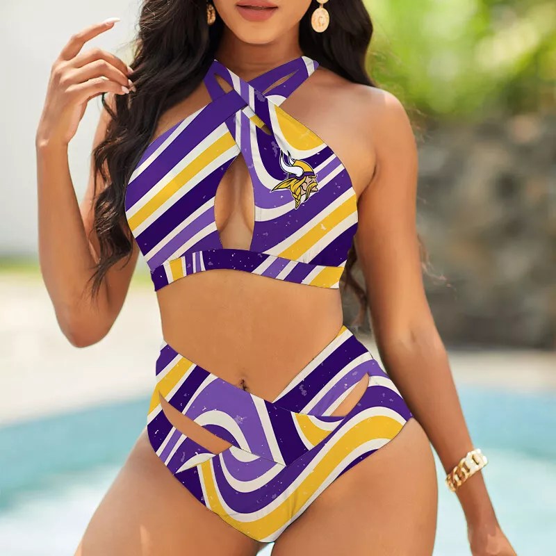 Minnesota Vikings Women’s 2PCS Bikini Swimsuit Criss Cross Cutout Bathing Suit S17-5