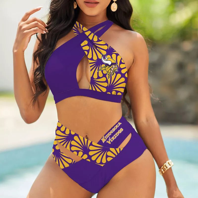 Minnesota Vikings Women’s 2PCS Bikini Swimsuit Criss Cross Cutout Bathing Suit S17-7