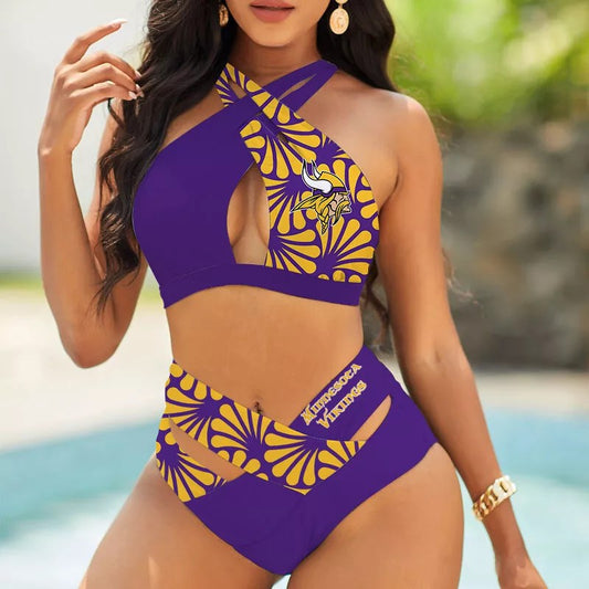 Minnesota Vikings Women’s 2PCS Bikini Swimsuit Criss Cross Cutout Bathing Suit S17-7