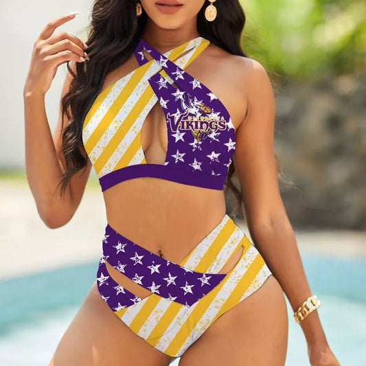 Minnesota Vikings Women’s 2PCS Bikini Swimsuit Criss Cross Cutout Bathing Suit S17-8