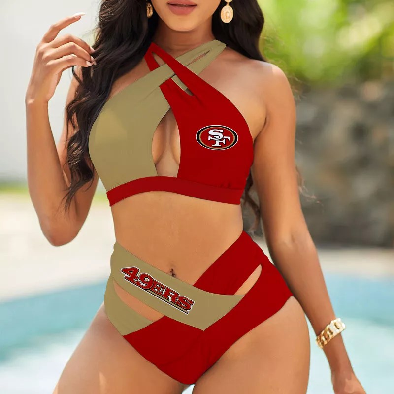 San Francisco 49ers Women’s 2PCS Bikini Swimsuit Criss Cross Cutout Bathing Suit S04-1
