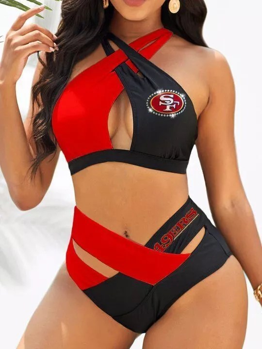 San Francisco 49ers Women’s 2PCS Bikini Swimsuit Criss Cross Cutout Bathing Suit S04-2