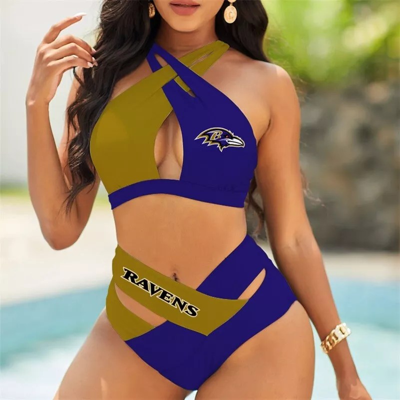 Baltimore Ravens Women’s 2PCS Bikini Swimsuit Criss Cross Cutout Bathing Suit S23-1