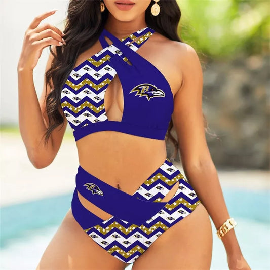 Baltimore Ravens Women’s 2PCS Bikini Swimsuit Criss Cross Cutout Bathing Suit S23-3