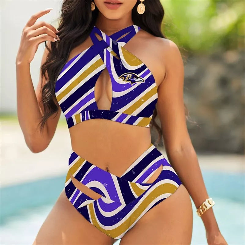 Baltimore Ravens Women’s 2PCS Bikini Swimsuit Criss Cross Cutout Bathing Suit S23-4