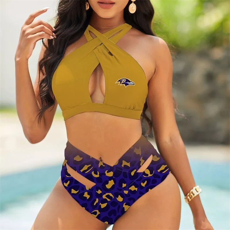 Baltimore Ravens Women’s 2PCS Bikini Swimsuit Criss Cross Cutout Bathing Suit S23-5