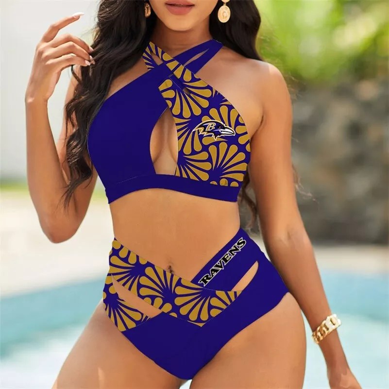 Baltimore Ravens Women’s 2PCS Bikini Swimsuit Criss Cross Cutout Bathing Suit S23-6