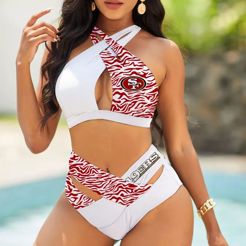 San Francisco 49ers Women’s 2PCS Bikini Swimsuit Criss Cross Cutout Bathing Suit S04-4