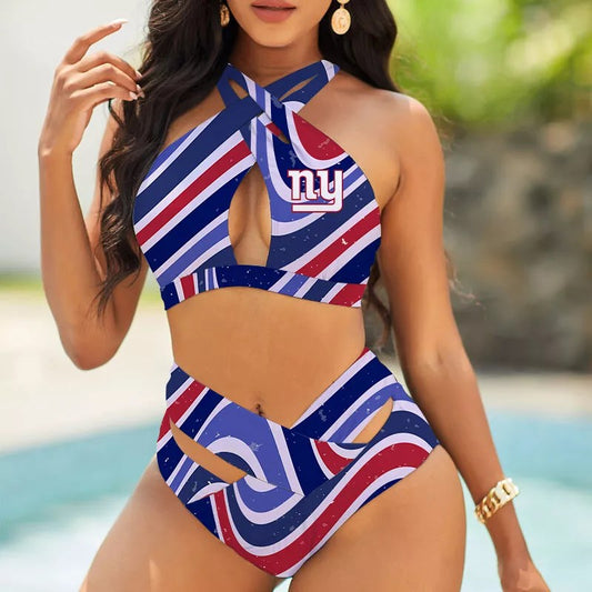 New York Giants Women’s 2PCS Bikini Swimsuit Criss Cross Cutout Bathing Suit S19-4