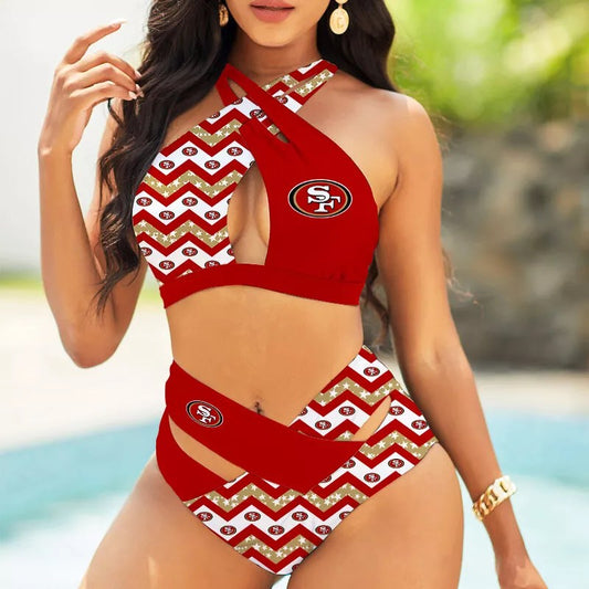 San Francisco 49ers Women’s 2PCS Bikini Swimsuit Criss Cross Cutout Bathing Suit S04-5