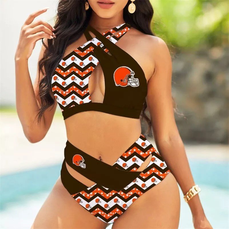 Cleveland Browns Women’s 2PCS Bikini Swimsuit Criss Cross Cutout Bathing Suit S22-4