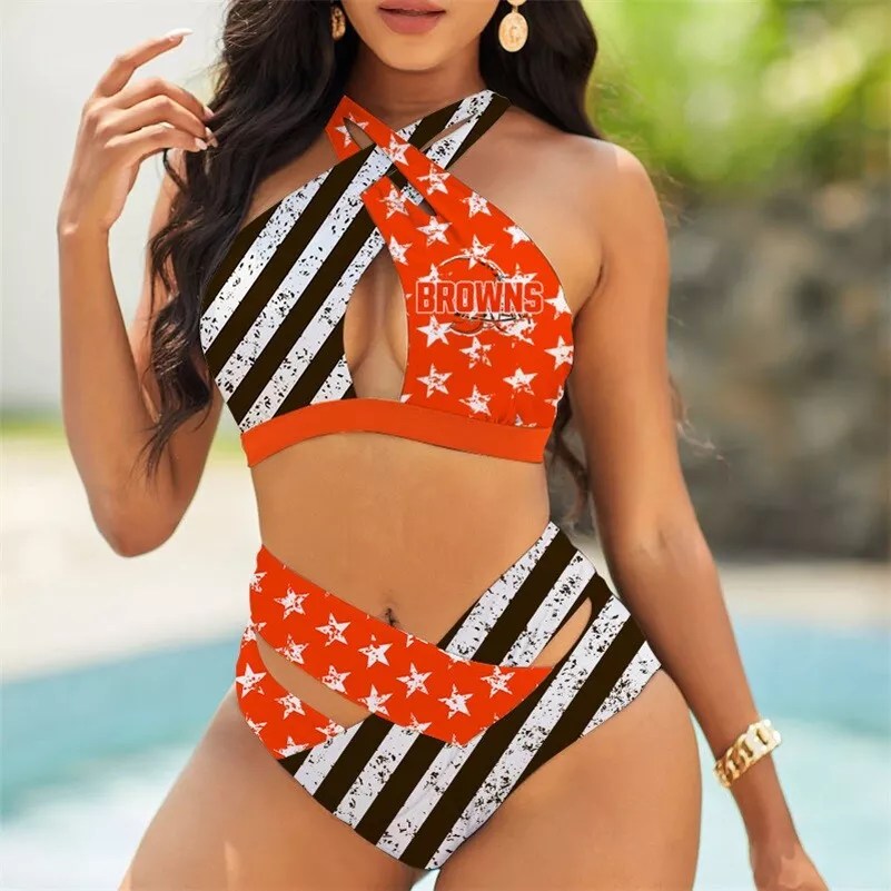 Cleveland Browns Women’s 2PCS Bikini Swimsuit Criss Cross Cutout Bathing Suit S22-7