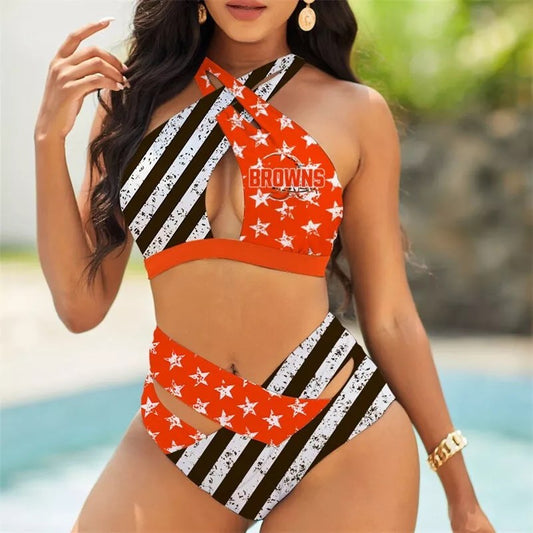 Cleveland Browns Women’s 2PCS Bikini Swimsuit Criss Cross Cutout Bathing Suit S22-7