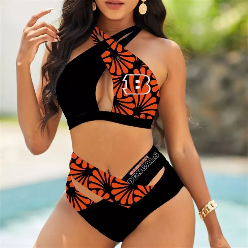 Cincinnati Bengals Women’s 2PCS Bikini Swimsuit Criss Cross Cutout Bathing Suit S21-6