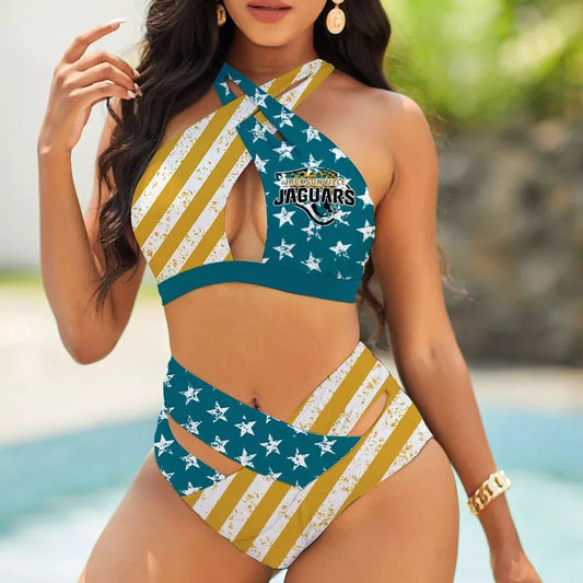 Jacksonville Jaguars Women’s 2PCS Bikini Swimsuit Criss Cross Cutout Bathing Suit S25-8