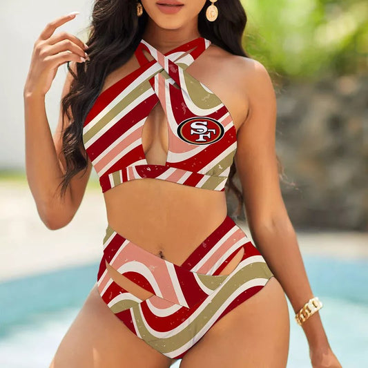 San Francisco 49ers Women’s 2PCS Bikini Swimsuit Criss Cross Cutout Bathing Suit S04-6