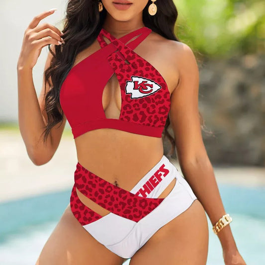 Kansas City Chiefs Women’s 2PCS Bikini Swimsuit Criss Cross Cutout Bathing Suit S02-1