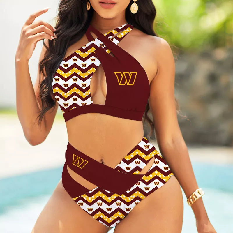 Washington Commanders Women’s 2PCS Bikini Swimsuit Criss Cross Cutout Bathing Suit S20-4