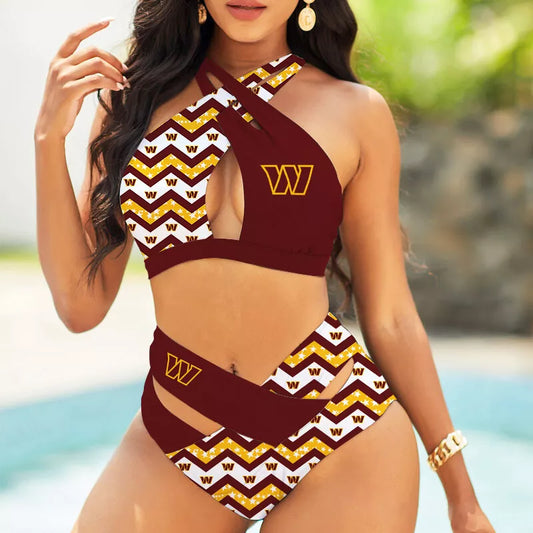 Washington Commanders Women’s 2PCS Bikini Swimsuit Criss Cross Cutout Bathing Suit S20-4