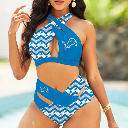 Detroit Lions Women’s 2PCS Bikini Swimsuit Criss Cross Cutout Bathing Suit S24-4