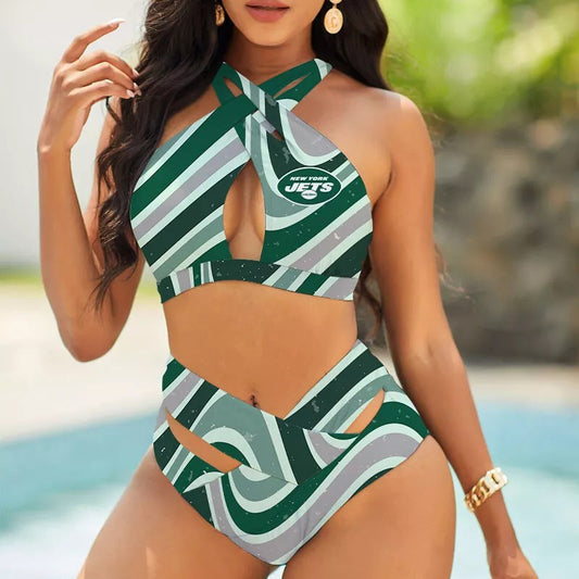New York Jets Women’s 2PCS Bikini Swimsuit Criss Cross Cutout Bathing Suit S18-3