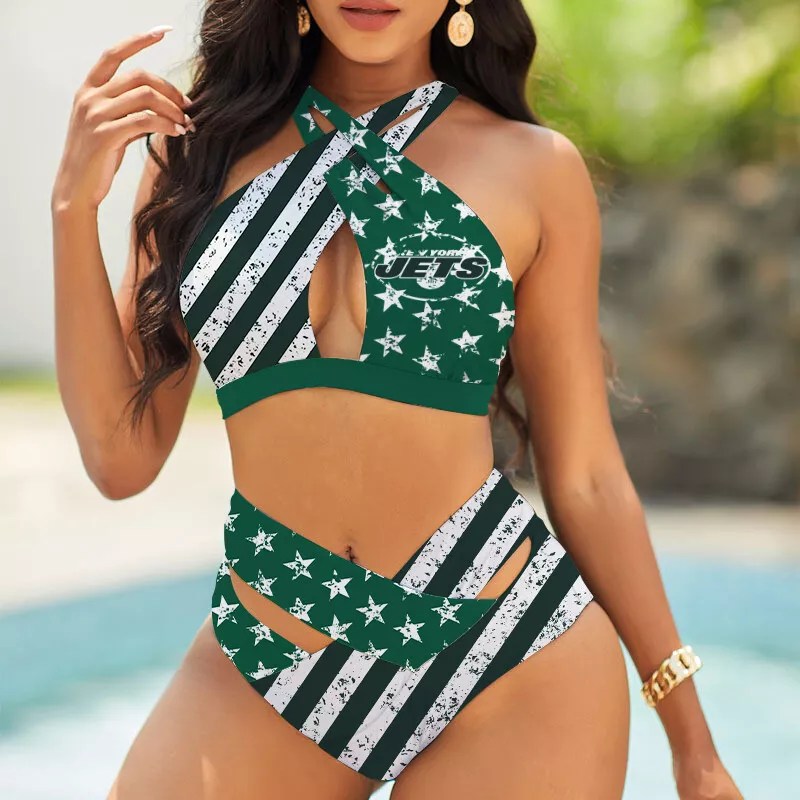 New York Jets Women’s 2PCS Bikini Swimsuit Criss Cross Cutout Bathing Suit S18-6