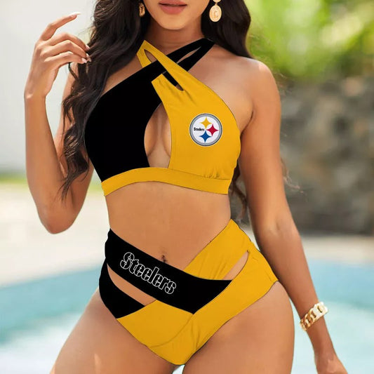 Pittsburgh Steelers Women’s 2PCS Bikini Swimsuit Criss Cross Cutout Bathing Suit S05-1