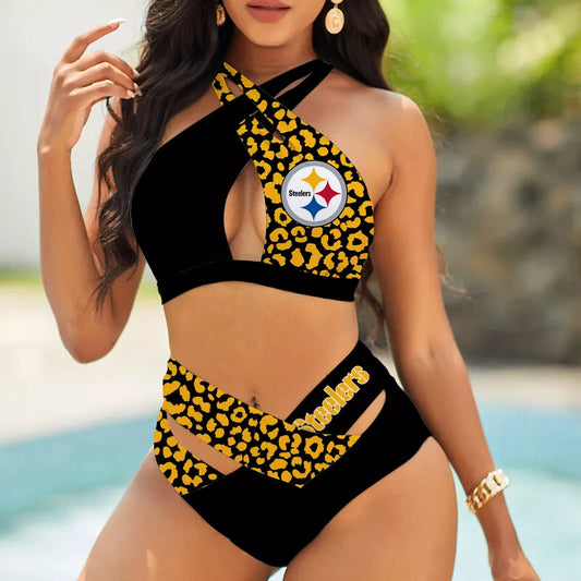 Pittsburgh Steelers Women’s 2PCS Bikini Swimsuit Criss Cross Cutout Bathing Suit S05-2