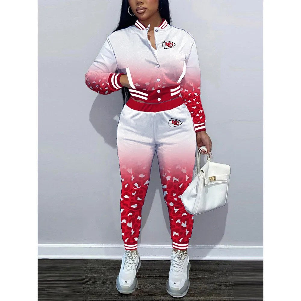 Kansas City Chiefs Women’s Outfits Varsity Jacket Crop Tops Sweatpants Tracksuit 06