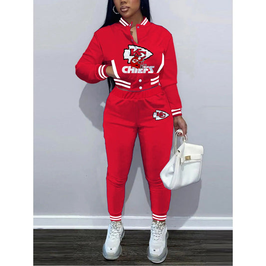 Kansas City Chiefs Women’s Outfits Varsity Jacket Crop Tops Sweatpants Tracksuit 07