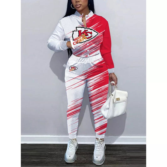 Kansas City Chiefs Women’s Outfits Varsity Jacket Crop Tops Sweatpants Tracksuit 08