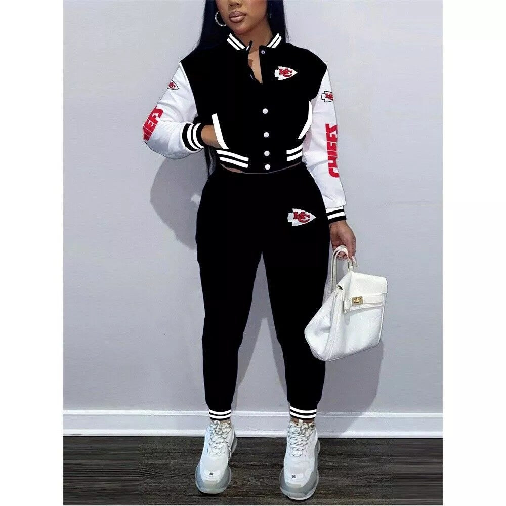 Kansas City Chiefs Women’s Outfits Varsity Jacket Crop Tops Sweatpants Tracksuit 09