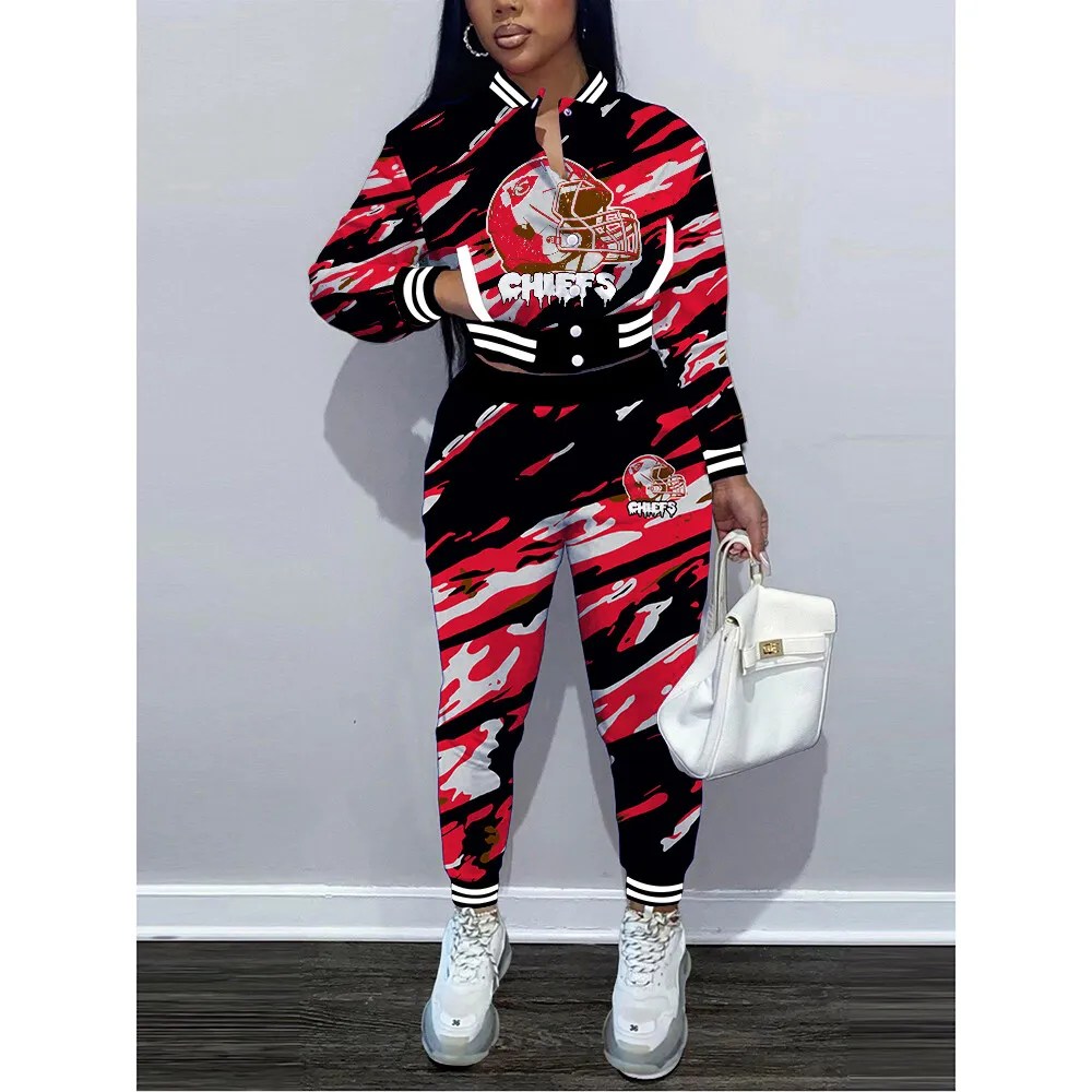 Kansas City Chiefs Women’s Outfits Varsity Jacket Crop Tops Sweatpants Tracksuit 10