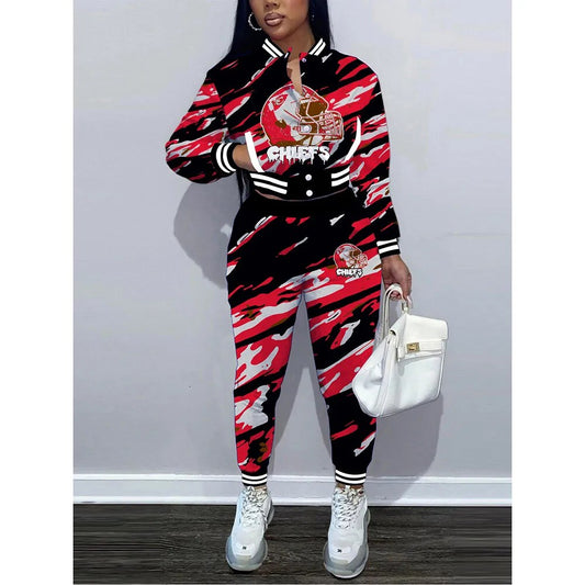 Kansas City Chiefs Women’s Outfits Varsity Jacket Crop Tops Sweatpants Tracksuit 10